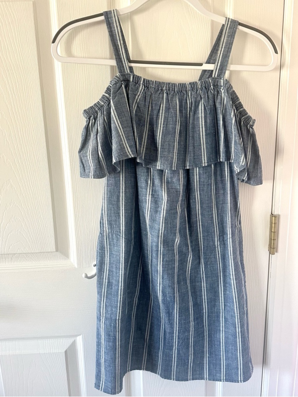 J. Crew Blue and White Striped Off-Shoulder Mini Dress